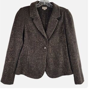 J Jill Brown Gold Speckled Wool Long Sleeve Blazer Jacket Sz L Women